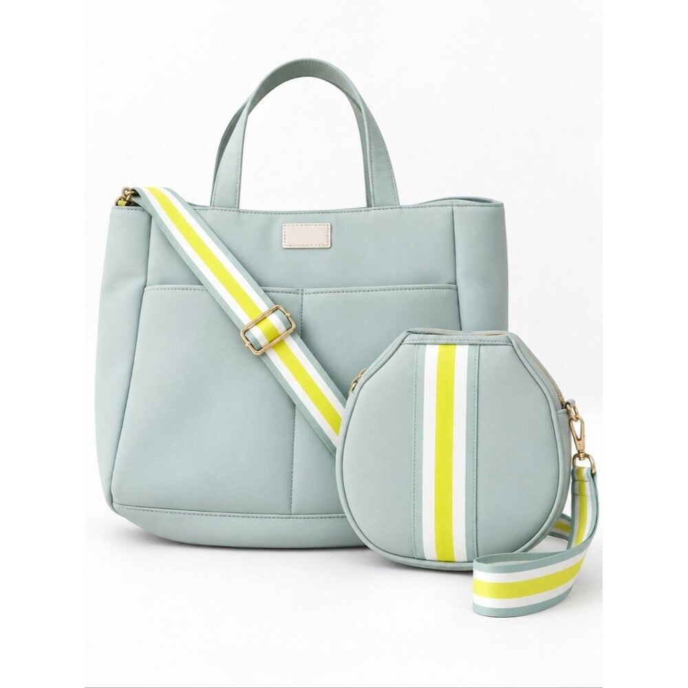 EUC Nanette Lepore green stripped strap large tote bag & new crossbody bag set